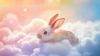 A rabbit floating among fluffy clouds in a pastel-colored sky, with soft sunlight and a dreamy ambiance, evoking a sense of calm and wonder.