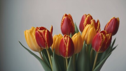 Fototapeta premium A bouquet of red and yellow tulips arranged within a row.