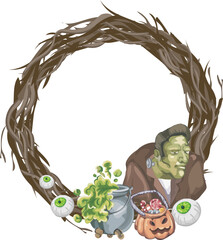 Halloween wreath with cartoon ghost illustration on transparent background.
