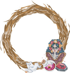 Halloween wreath with cartoon ghost illustration on transparent background.
