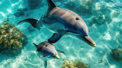 Naklejka premium A dolphin mother and her calf swimming close together in shallow turquoise waters, showcasing their strong bond.