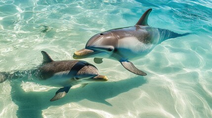 Fototapeta premium A dolphin mother and her calf swimming close together in shallow turquoise waters, showcasing their strong bond.