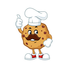 Cute cartoon chocolate chip cookie chef mascot giving a thumbs up.