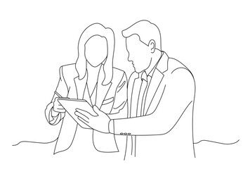A drawing lines illustration of a businesswoman and man in discussion in front of a tablet