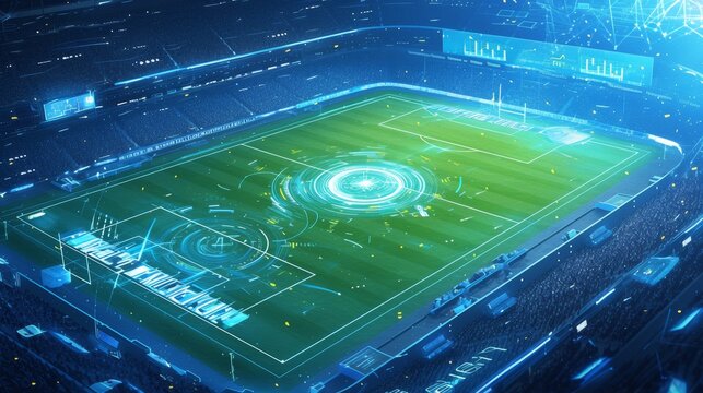 Futuristic Sports Analytics Advertising Poster with Real-Time Data Overlays on Football Field