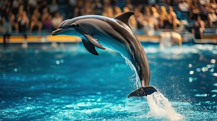 A dolphin performing a high jump out of the water during a marine show, with an audience in the background cheering.