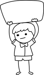 Cartoon boy holding empty blank board doodle illustration on transparent background.
