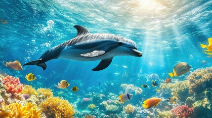 Fototapeta premium A dolphin swimming gracefully underwater, surrounded by a school of colorful fish in a crystal-clear ocean.