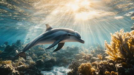 Naklejka premium A dolphin swimming near a coral reef, with the sun's rays filtering through the clear water, creating a magical underwater scene.