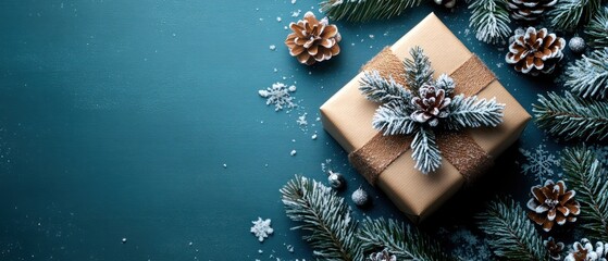 Naklejka premium A beautifully wrapped Christmas and New Year gift box adorned with festive decorations, perfect for celebrating the holiday season.