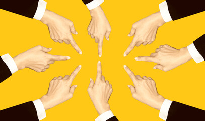 Many hands fingers pointing with index fingers on yellow background. Art collage digital pop modern art.