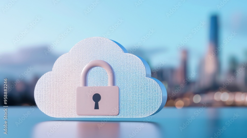Poster a digital cloud symbol with a padlock, representing data security and privacy in modern technology a