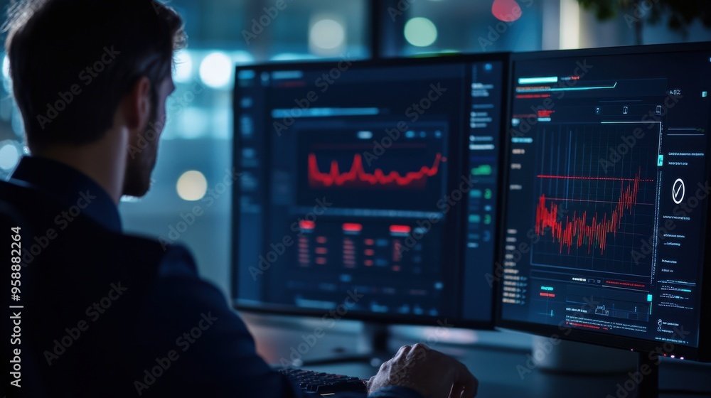 Poster a focused professional analyzes data trends on multiple screens, showcasing financial graphs and ana