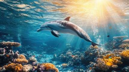 Obraz premium A dolphin swimming near a coral reef, with the sun's rays filtering through the clear water, creating a magical underwater scene.