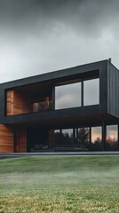 Fototapeta premium Modern Black House with Large Windows and Green Grass