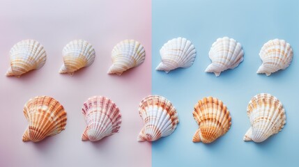 Seashells on a Pink and Blue Background