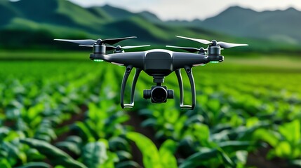 A drone flying over a lush green field, capturing stunning aerial views of agricultural cultivation in nature.