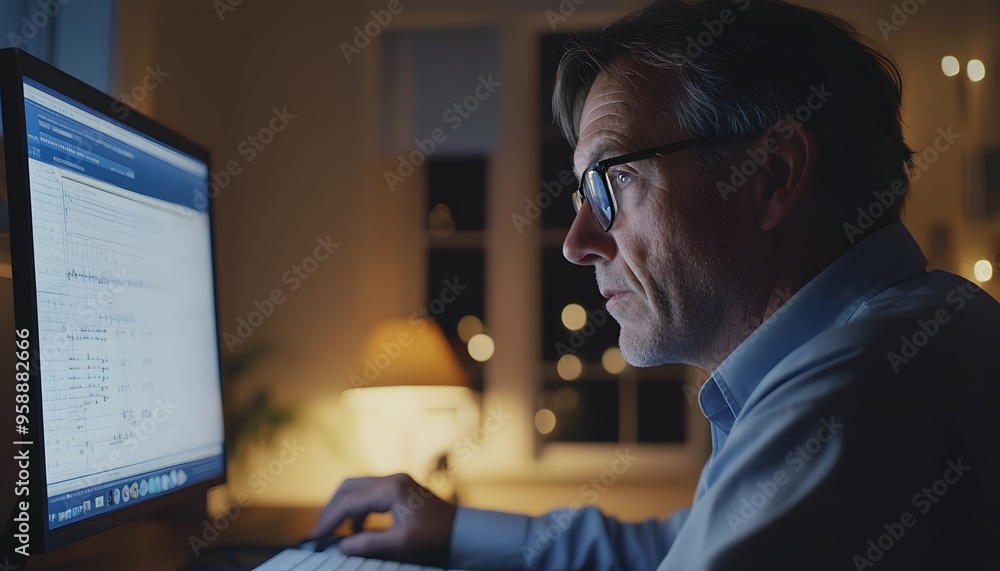 Poster a man in glasses examining data on a computer screen