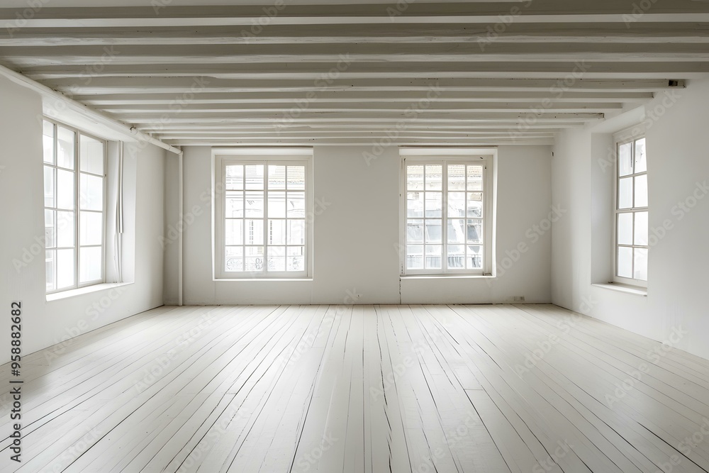 Poster White Room with Wooden Beams and Windows