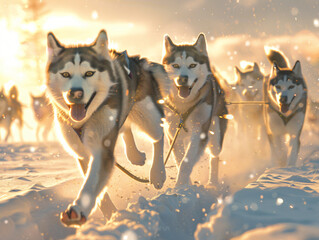 Naklejka premium An energetic Alaskan Husky racing across a snowy landscape with a team of sled dogs, capturing the thrill and speed of sledding, cinematic style, Compositing Core, 8k, detailed,