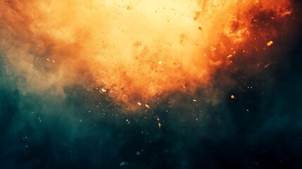 A close-up of an explosion in the air with yellow and orange smoke and dust particles against a dark background.
