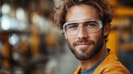 portrait of happy young industrial man with protective wear indoors in metal workshop looking at camera