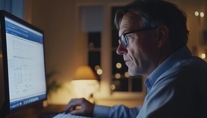 A Man in Glasses Examining Data on a Computer Screen