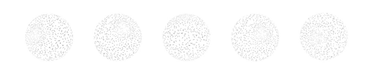 Set of isolated spheres with dot pattern with different slopes. Halftone balls, abstract 3D shape, spherical vector balls.