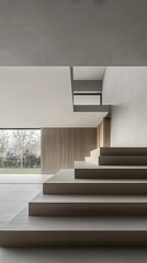 Fototapeta premium Modern Minimalist Interior Design Featuring Wooden Stairs and Large Window