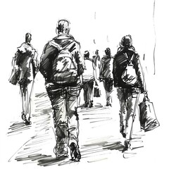 People, men and women, walking along a city street. City life. Illustration made with markers and watercolor. AI generated