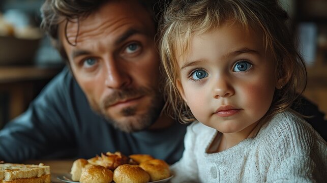 portrait of poor small girl with father eating indoors at home poverty concept