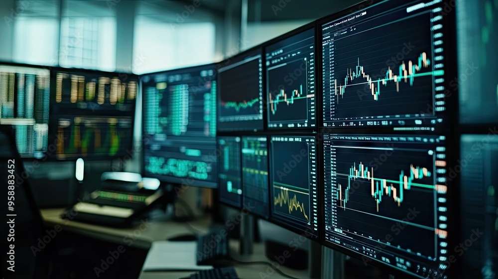 Poster a financial graph displayed on multiple monitors in a trading room, capturing the fast-paced environ