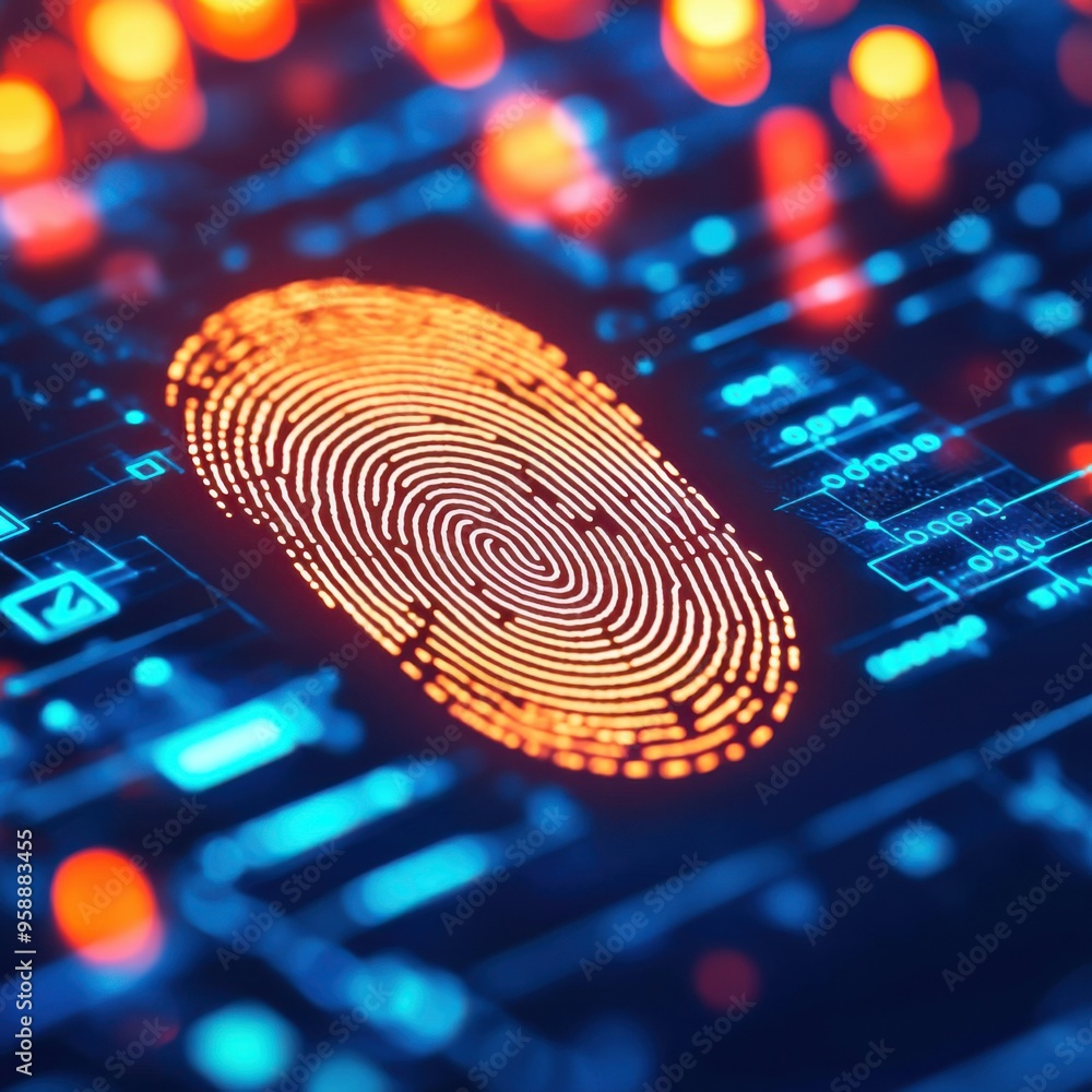 Poster close-up of a digital fingerprint on a futuristic interface, showcasing biometric technology and sec