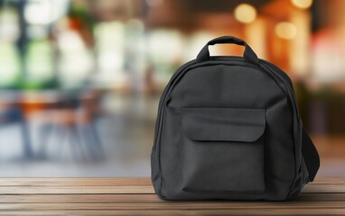 A black backpack sits on a wooden table, set against a blurred background with warm lighting.