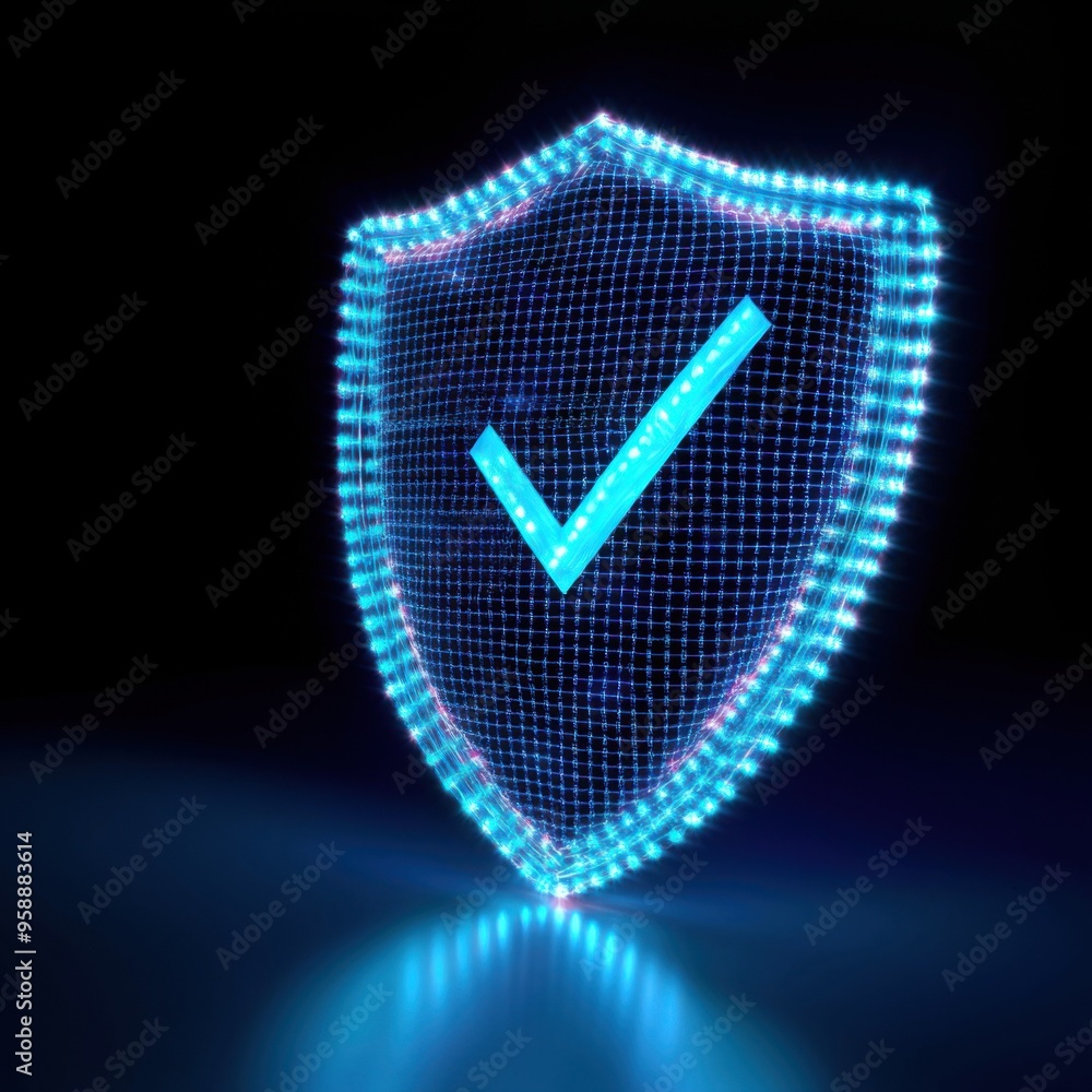 Poster digital shield icon representing security and protection with a glowing check mark, perfect for tech