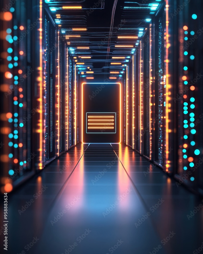 Poster futuristic data center corridor illuminated with vibrant lights, showcasing advanced technology and 