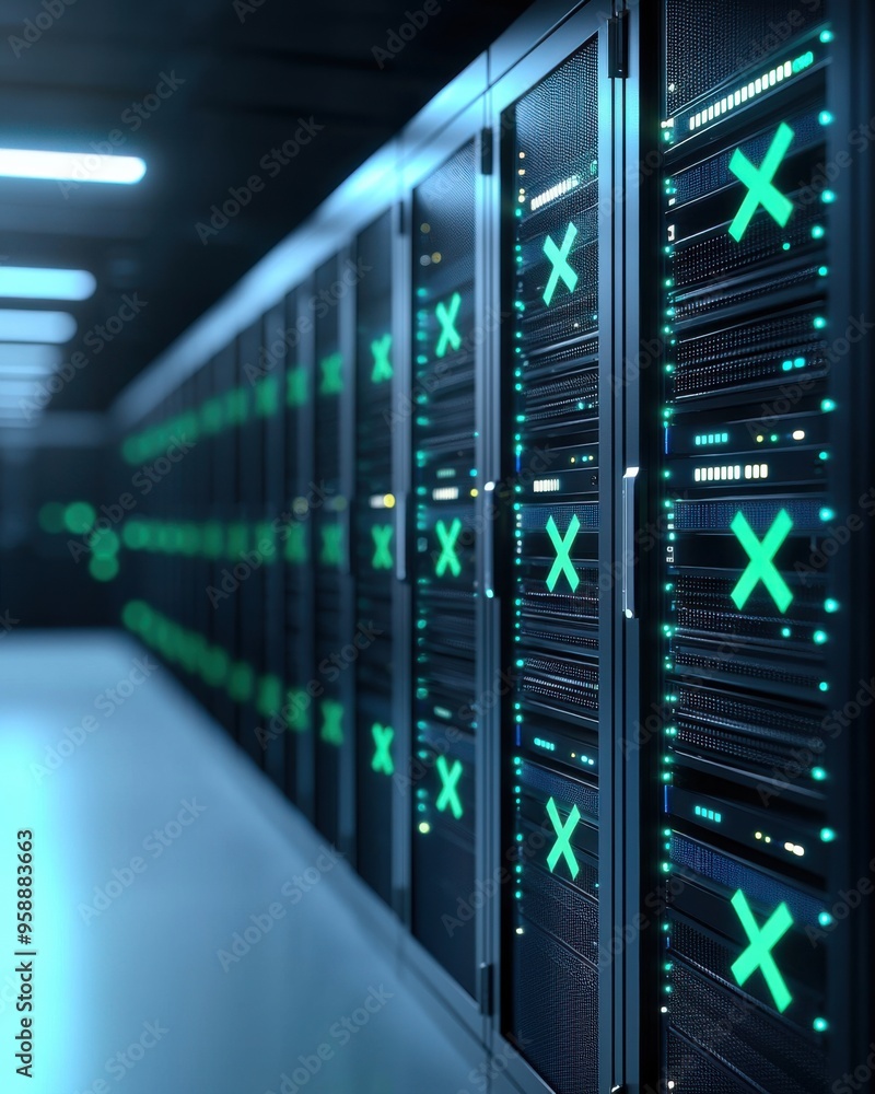 Poster futuristic data center featuring rows of servers with glowing elements, symbolizing advanced technol
