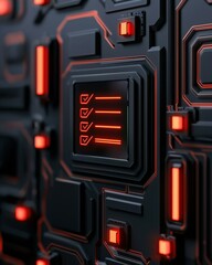 Futuristic circuit board with glowing red elements, featuring check marks, ideal for technology or electronic themes.