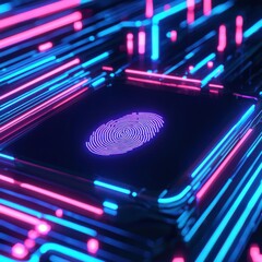 Futuristic digital fingerprint against a vibrant background of neon lights, representing security and technology in cyberspace.