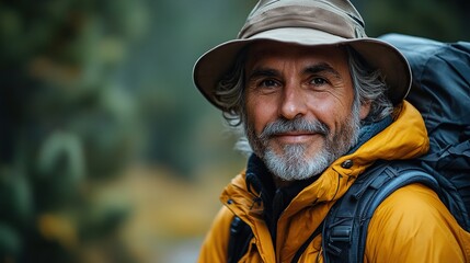 Obraz premium portrait of senior tourist hiker standing in nature copy space