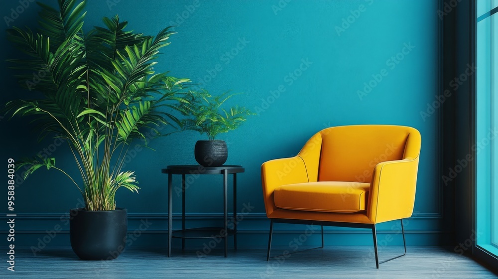 Canvas Prints Modern Interior Design with Yellow Chair and Green Plants