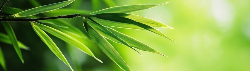 Fototapeta premium A close-up view of bamboo leaves with a soft green background, symbolizing tranquility and nature's beauty.