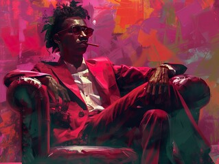 A man in a red suit sits in a leather chair with a cigarette in his hand, against a colorful abstract background.