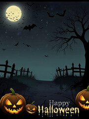Happy Halloween creative poster design.Calligraphy with scary background,angry pumpkin, scary trees,bats,full moon.Can be used for banners,posters,invitations. halloween card with cat and pumpkin.
