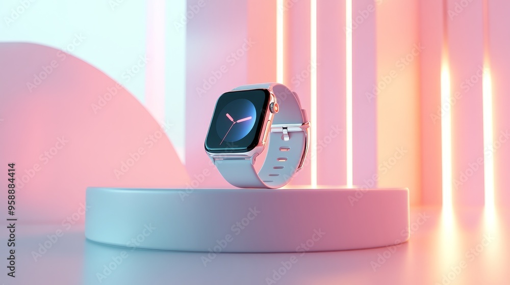 Poster A modern smartwatch displayed on a pedestal with soft lighting, highlighting its sleek design and functionality.