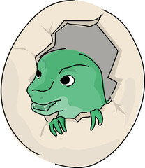 Cartoon dinosaur baby in egg illustration on transparent background.
