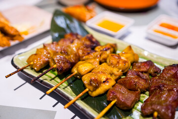 Chicken and pork Skewers in the restaurant