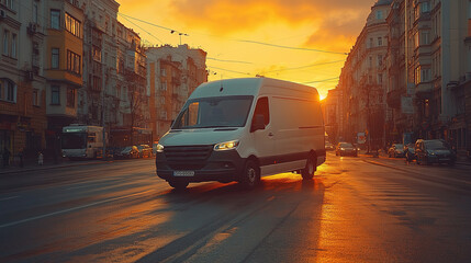 Obraz premium White modern delivery small shipment cargo courier van moving fast on motorway road to city