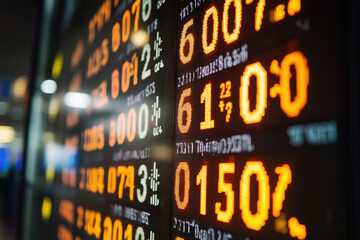 Obraz premium Fluctuating Numbers: A Close-Up View of a Digital Exchange Rate Board.