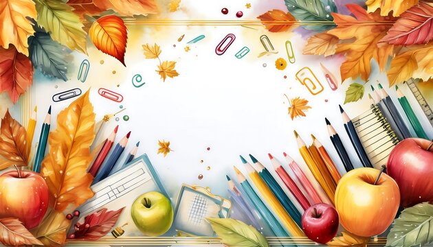 Back to school poster top view mockup surrounded by autumn themed design elements such as rulers, paper clips, golden leaves, apples. Copy space. Graphic art illustration wallpaper